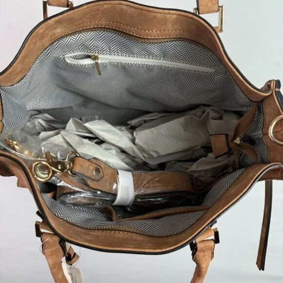 Francesca's Faux Nubuck Leather Slouchy Tote With Sling Strap Cognac Brown - Picture 4 of 4